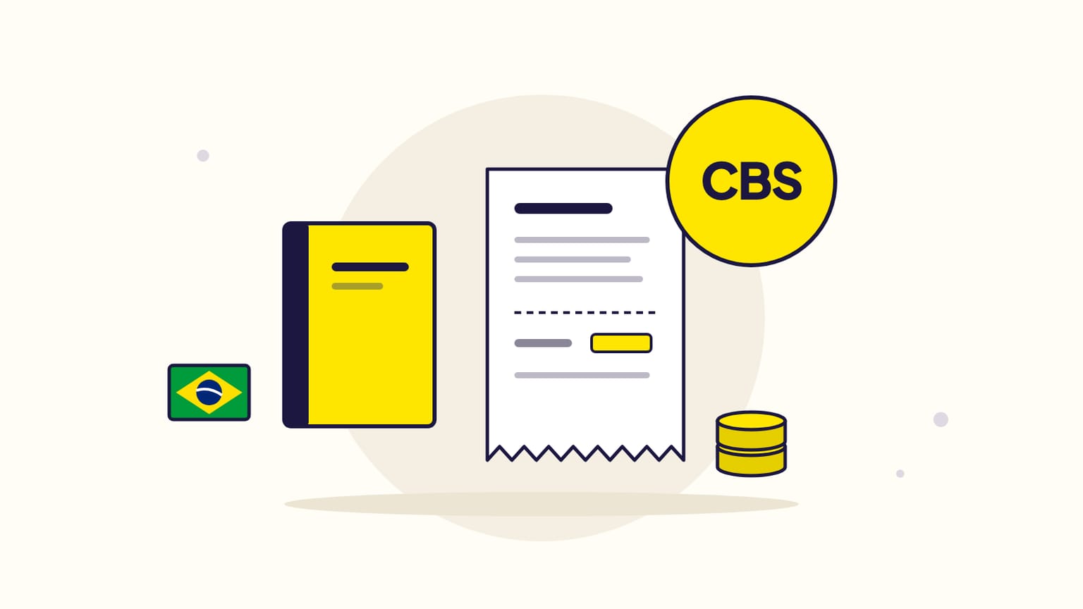 Um livro amarelo, uma fatura e moedas ao lado da bandeira do Brasil, sob um selo CBS: os impostos dos anúncios da Amazon de um autor KDP