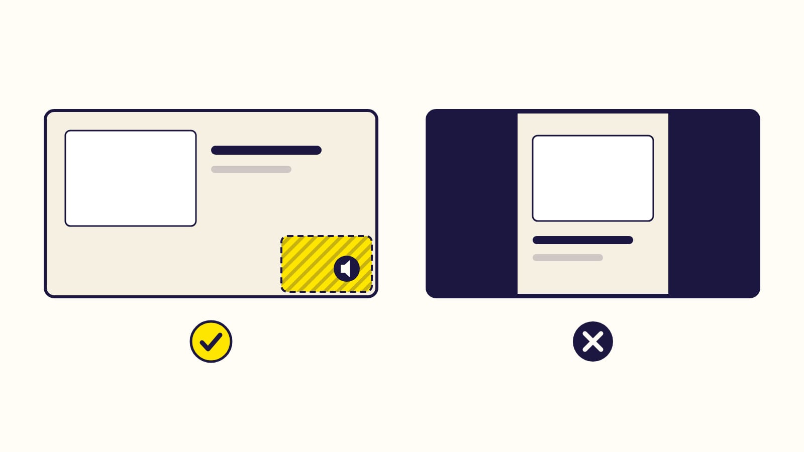 Two 16:9 video frames: on the left, a correct frame with the lower right corner kept clear for the mute button; on the right, a frame with black bars on both sides, crossed out