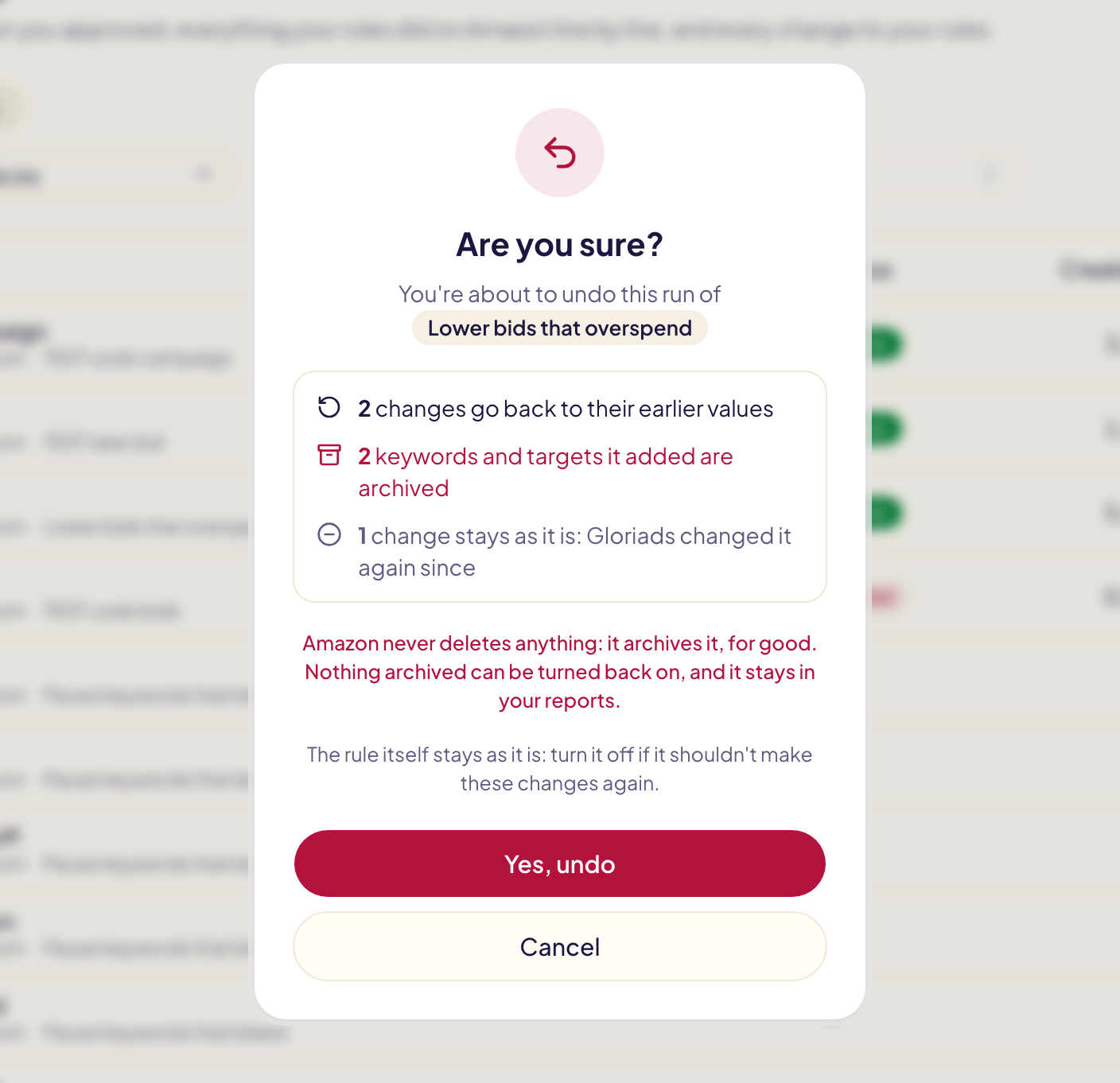 « Are you sure? » before undoing a rule's run: 2 changes go back to their earlier values, 2 keywords it added are archived, 1 change made again since stays as it is, with the warning that Amazon never deletes anything but archives it for good