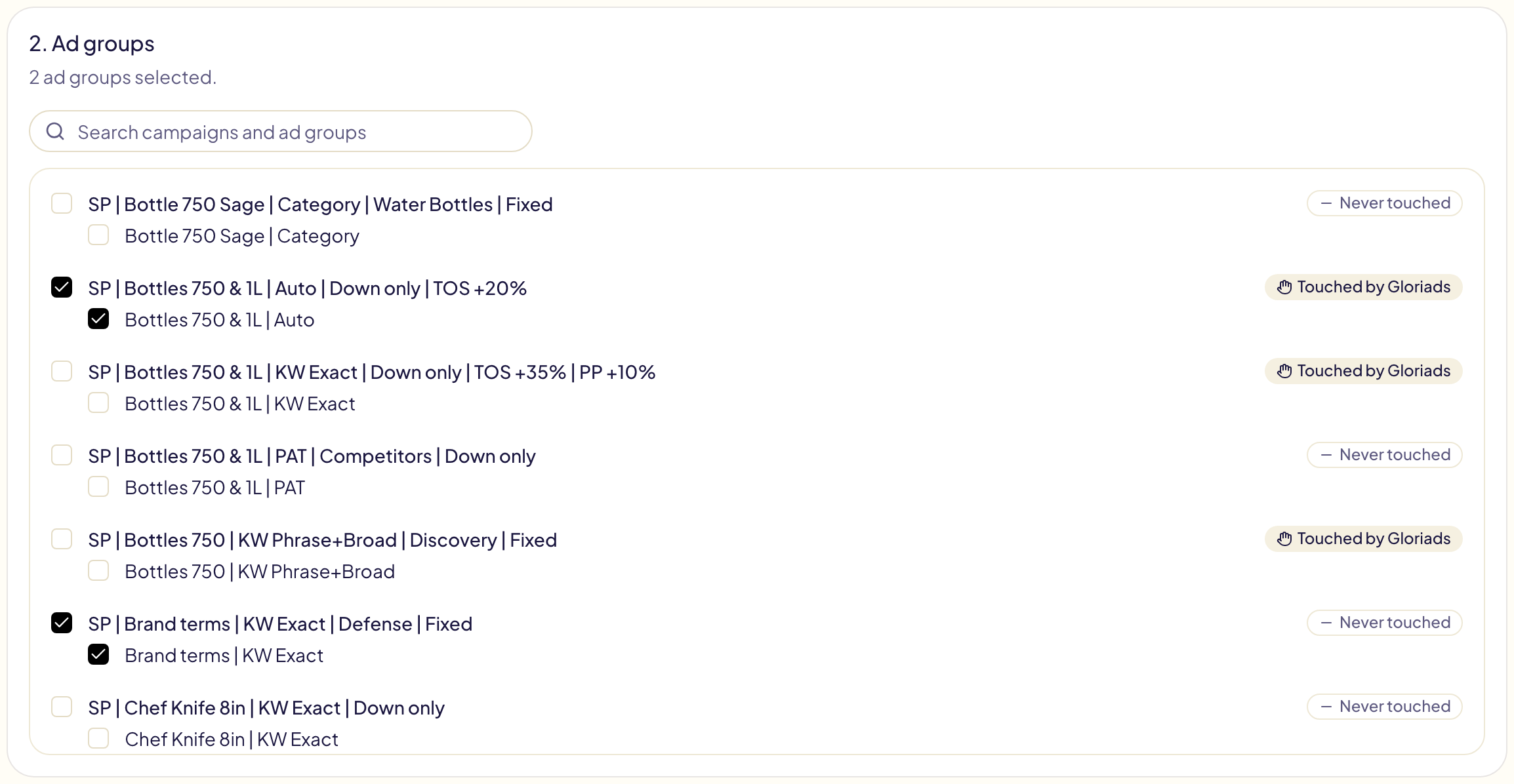 Step 2: campaigns and their ad groups with checkboxes, two of them ticked, each campaign showing its Gloriads badge
