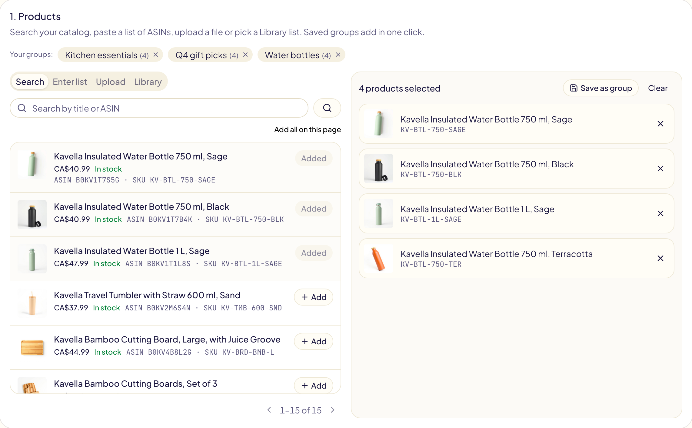 Step 1, Search tab: three saved groups, the catalog with photos, prices and stock, four bottles added, and the selection on the right with Save as group
