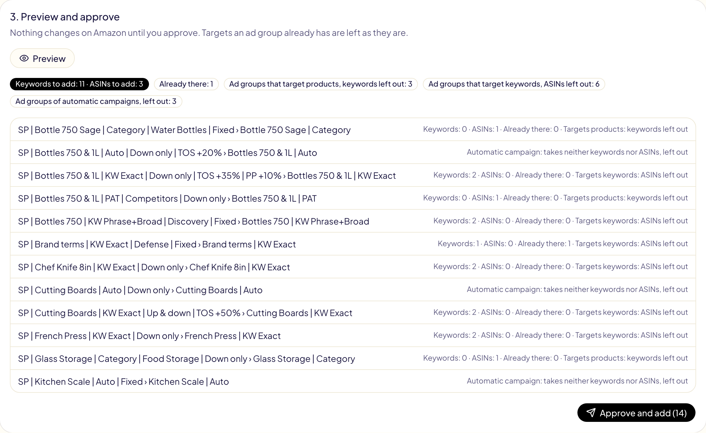 The preview of Add targets: keywords to add in the ad groups that target keywords, an ASIN in those that target products, the other kind left out in each, automatic campaigns left out, and Approve and add