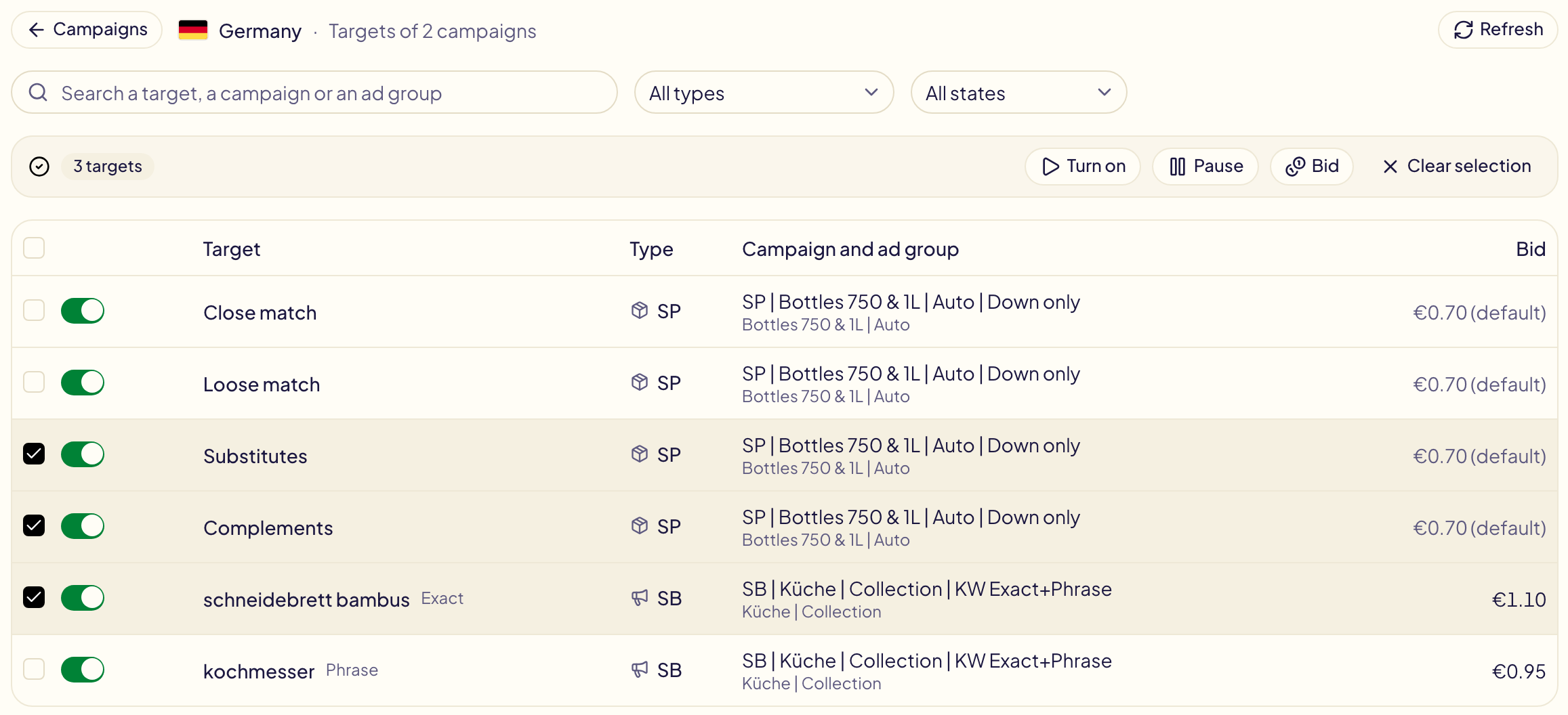 The Targets page of two campaigns in Germany: four auto targeting groups at the €0.70 default bid and two Sponsored Brands keywords, each with its on/off switch, three of them ticked, with Turn on, Pause and Bid