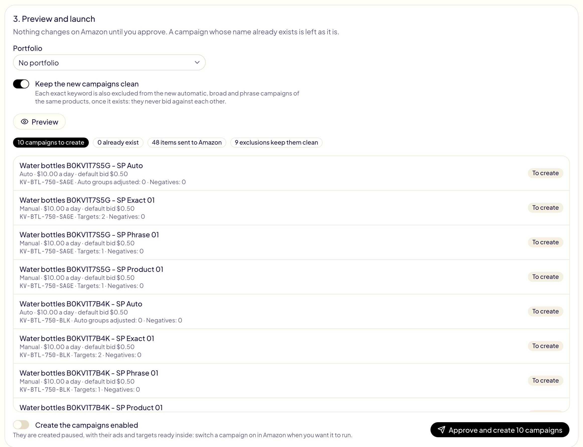 The preview: campaigns to create for two blocks, each with its products, budget, default bid and targets, and the Create the campaigns enabled switch turned off