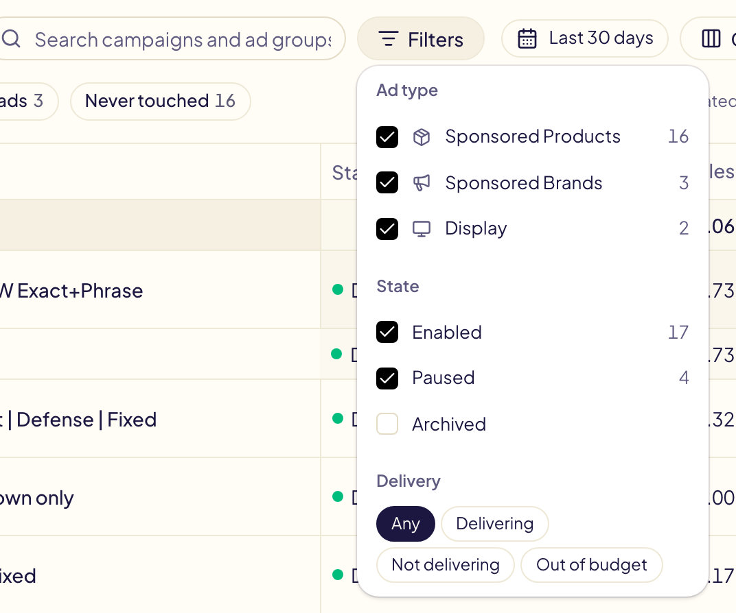 The Filters menu of the Campaigns page: the ad types with their number of campaigns, the states Enabled, Paused and Archived, and the delivery filter Any, Delivering, Not delivering and Out of budget