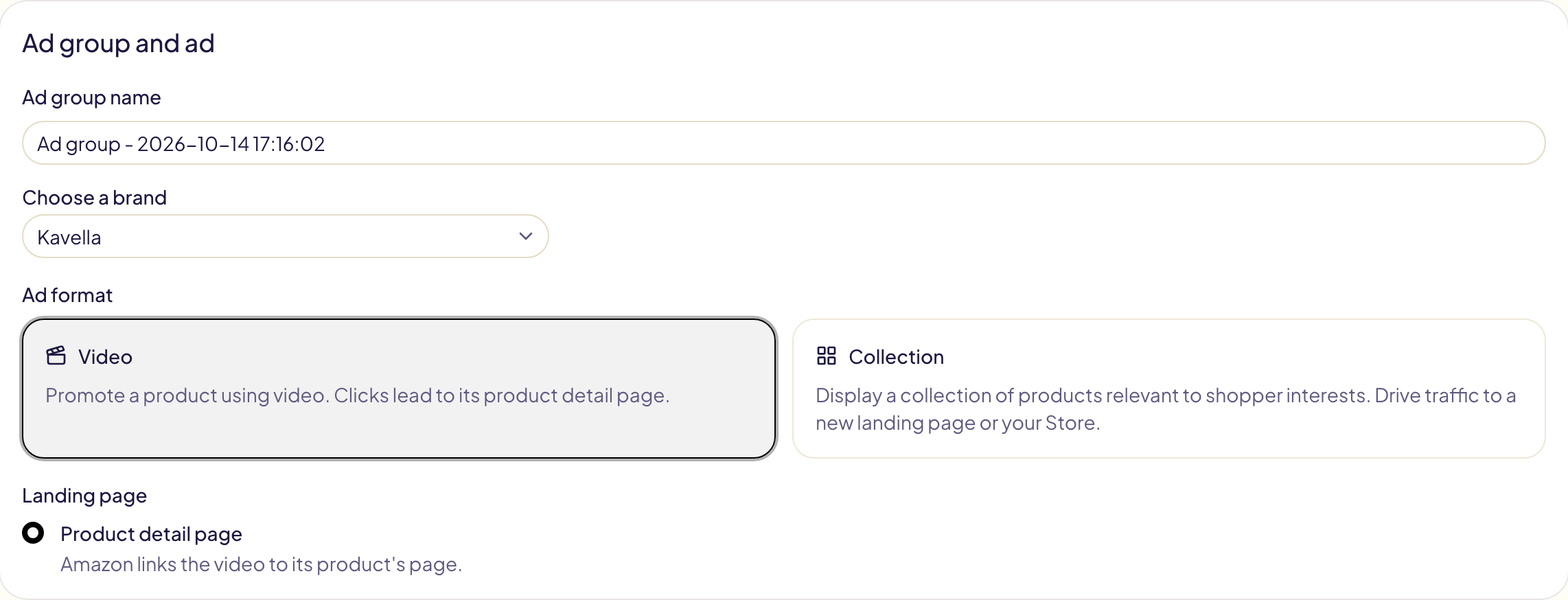 The Ad group and ad card of a new Sponsored Brands campaign: the brand Kavella and the Video format picked, the ad leading to the product detail page
