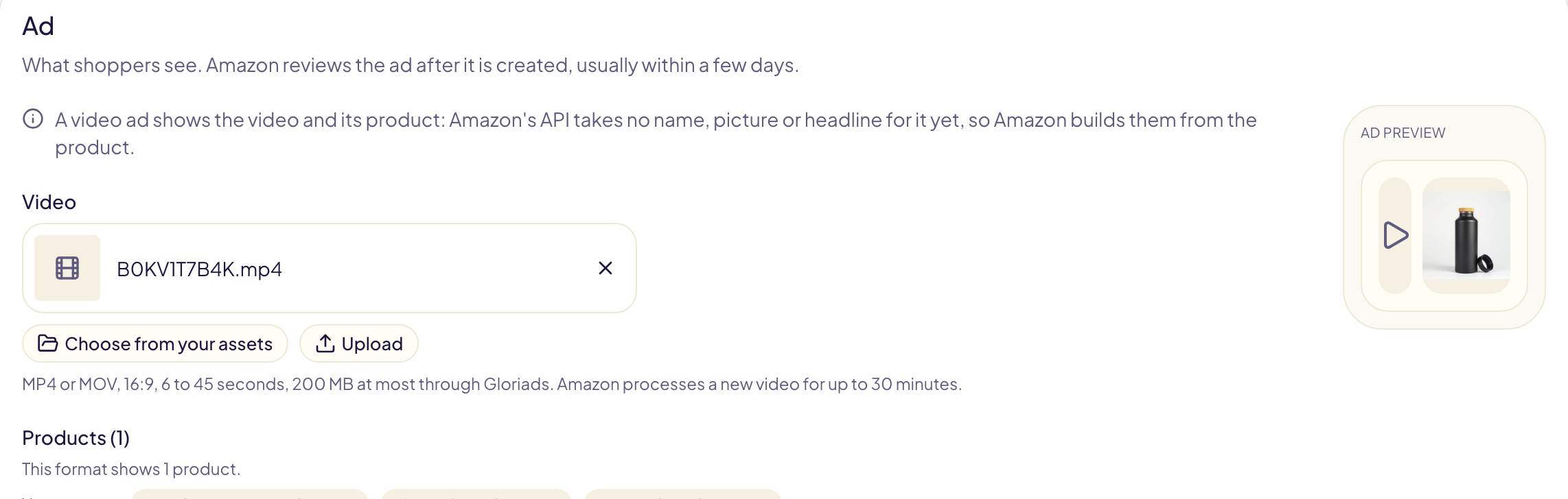 The Ad card of a Sponsored Brands video: the video B0KV1T7B4K.mp4 picked from the library, the Choose from your assets and Upload buttons with Amazon's video specs, one product added, and the ad preview