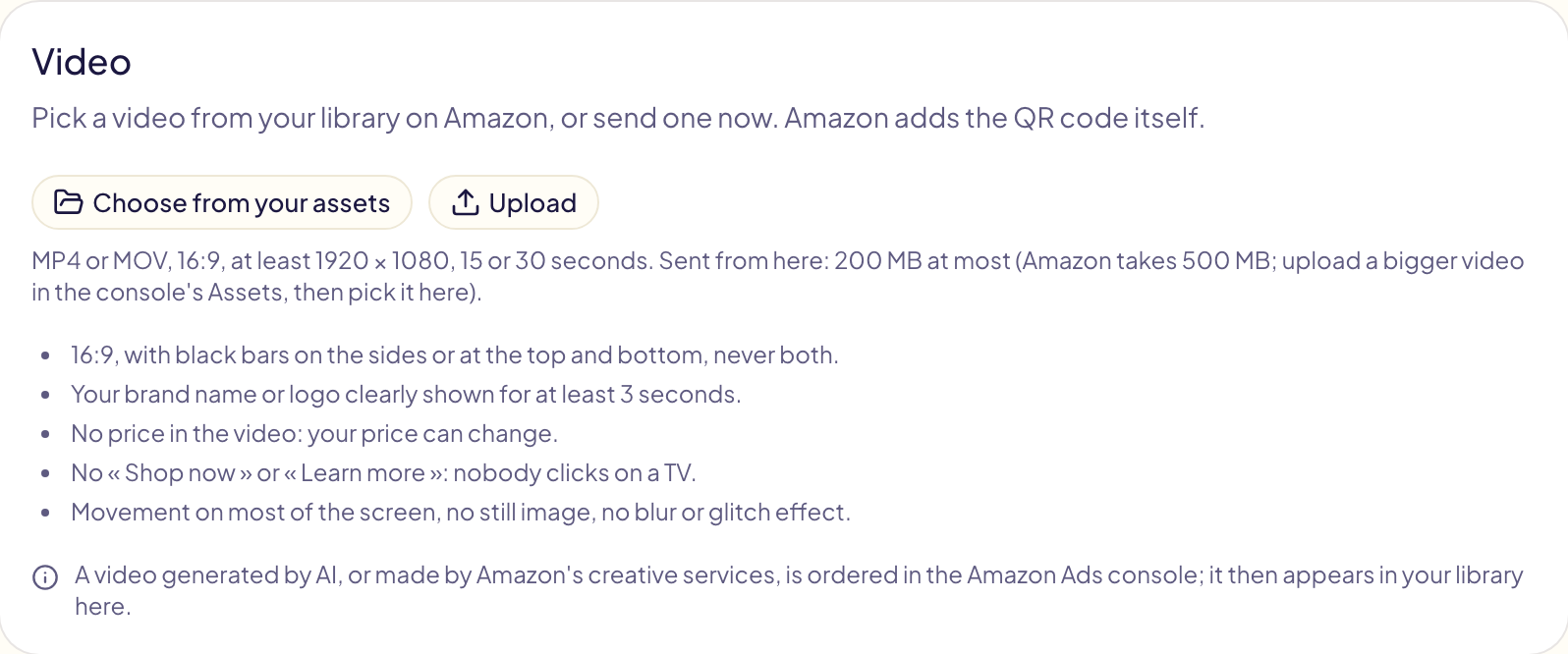 The Video card of a new Streaming TV campaign: Choose from your assets and Upload, the video specs, and Amazon's rules for a TV video