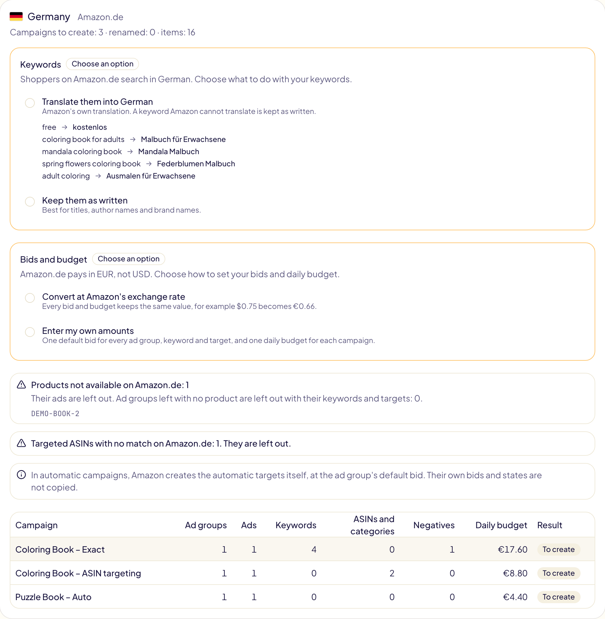 The Germany card after the check for three Sponsored Products campaigns: the keyword and bid choices still to make, each keyword with Amazon's German translation, one product not available on Amazon.de, one targeted ASIN with no match, and the three campaigns with their budgets in euros