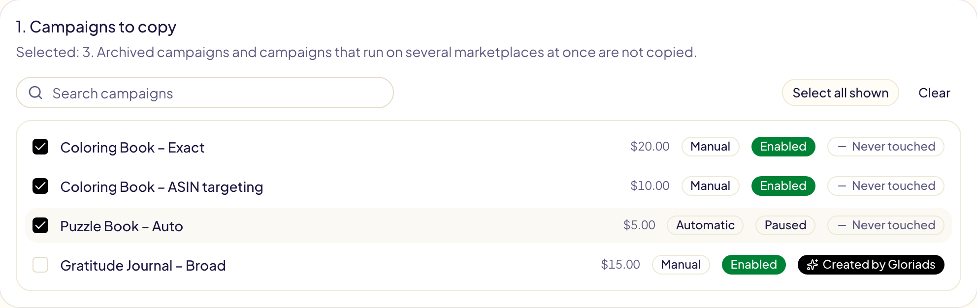 The Sponsored Products campaigns of the source marketplace: three ticked, each with its daily budget, manual or automatic targeting, state and whether Gloriads created it