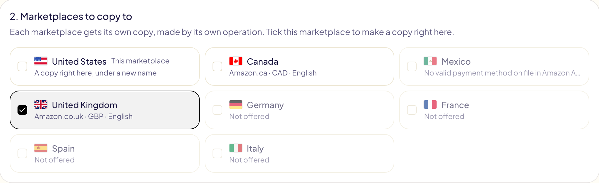 The marketplaces to copy Streaming TV campaigns to: this marketplace and the United Kingdom ticked, Canada open, Mexico greyed out with « No valid payment method on file », Germany, France, Spain and Italy greyed out with « Not offered »