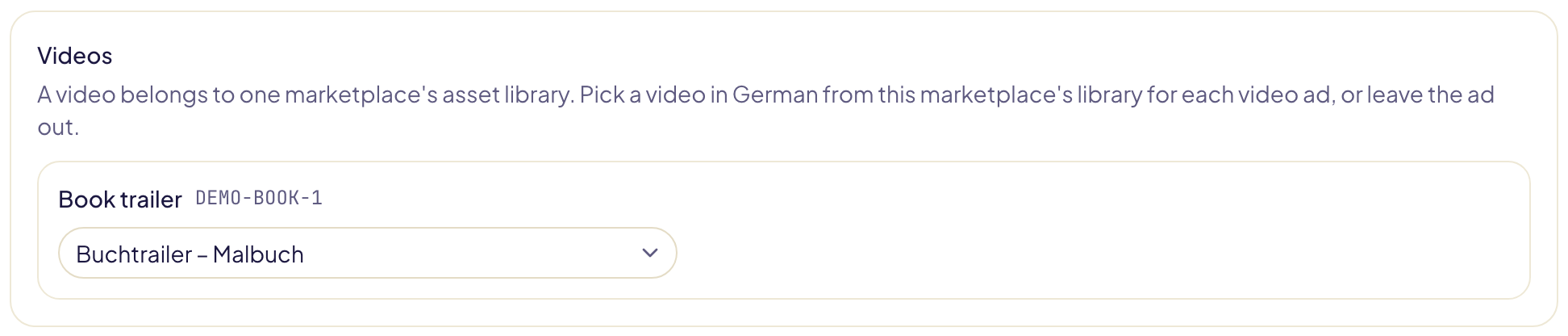 The videos choice on Amazon.de: the « Book trailer » ad of DEMO-BOOK-1, with « Buchtrailer – Malbuch » picked from the German library