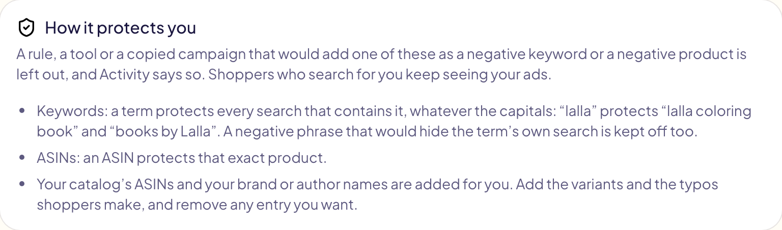 How it protects you: a keyword protects every search that contains it, an ASIN protects that exact product, and the catalog and brand names are added for you