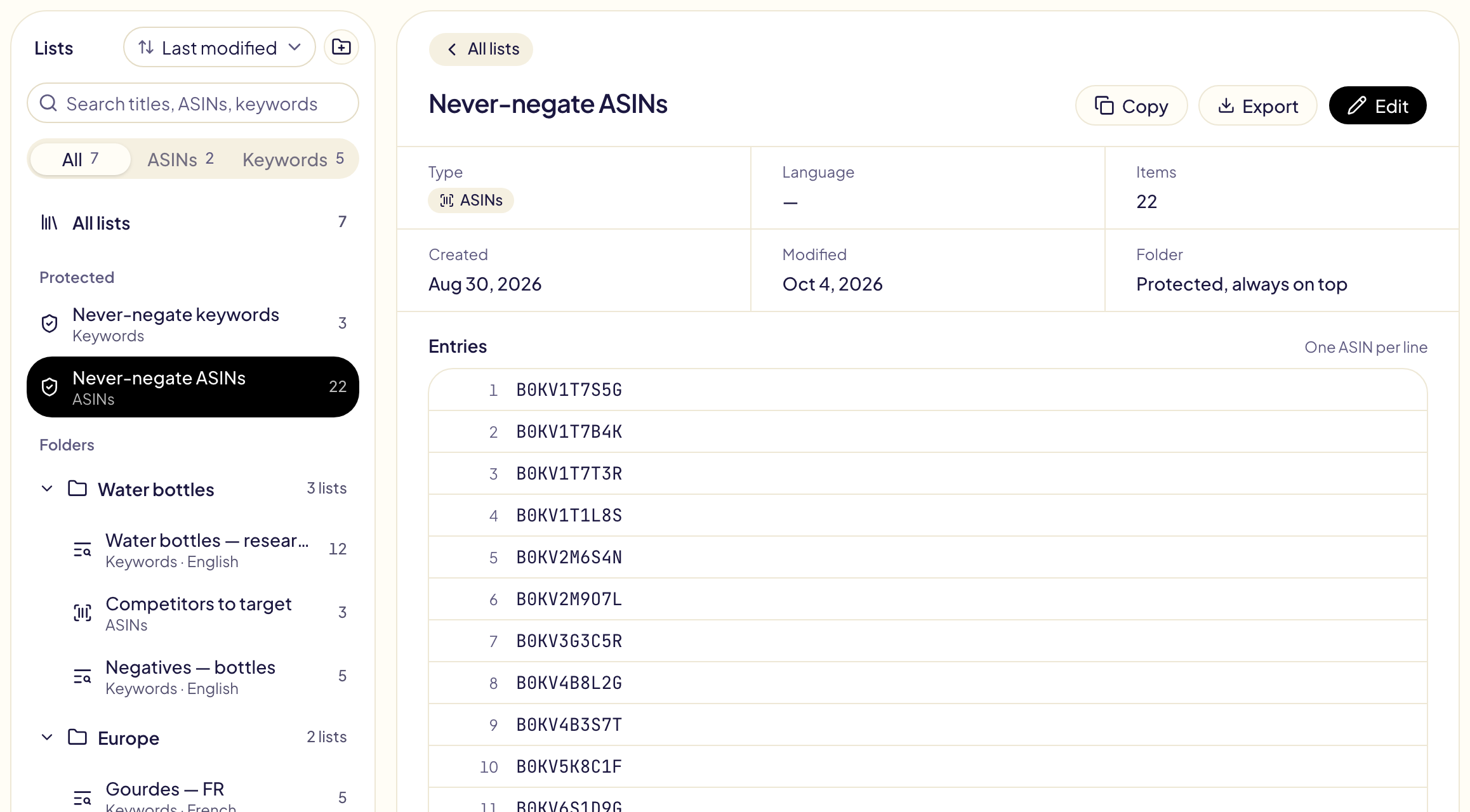 The Library: Never-negate keywords and Never-negate ASINs under Protected at the top of the menu, above the folders, with the ASIN list open on the right, one ASIN per line