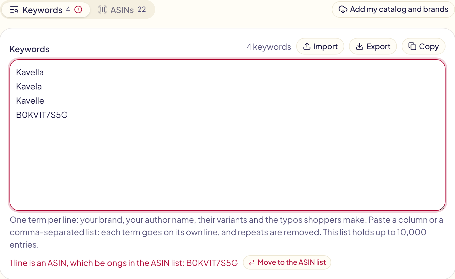 The Keywords tab with an ASIN on its last line: the tab is marked, and the line is flagged with a Move to the ASIN list button