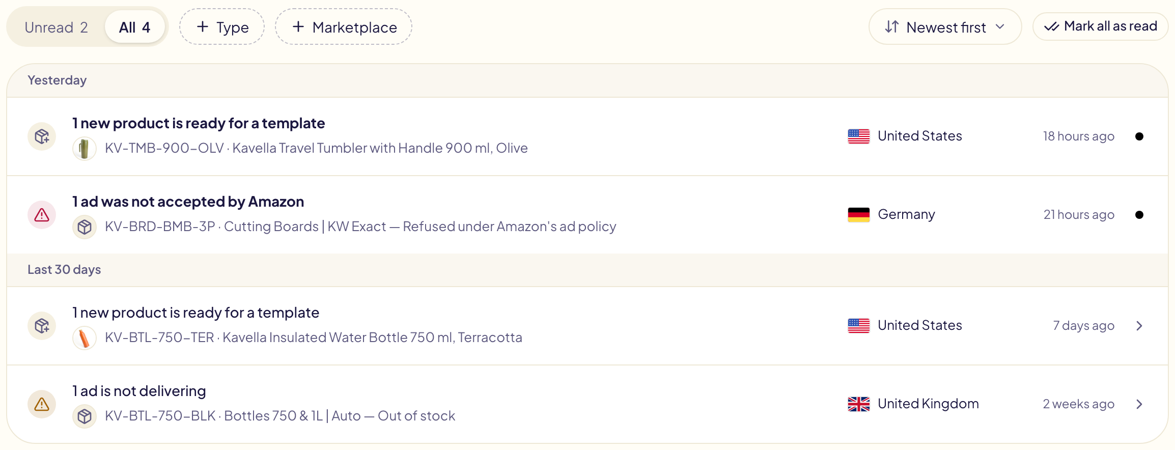 The Notifications page: Unread and All with their counts, the + Type and + Marketplace filters, then four notifications grouped by day, one per line: two new products ready for a template, an ad not accepted in Germany with a red icon, and an ad not delivering in the United Kingdom with an amber icon