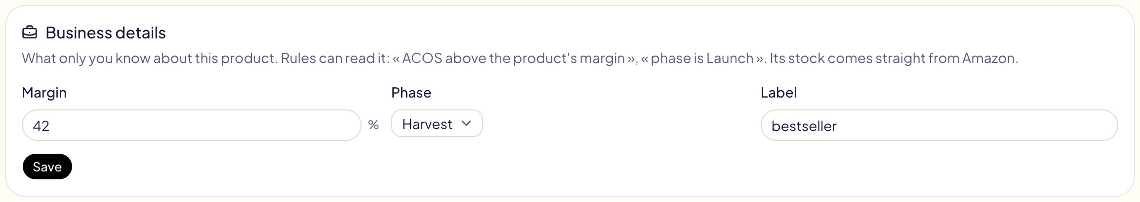 Business details of a water bottle: margin 42 %, phase Harvest, label bestseller