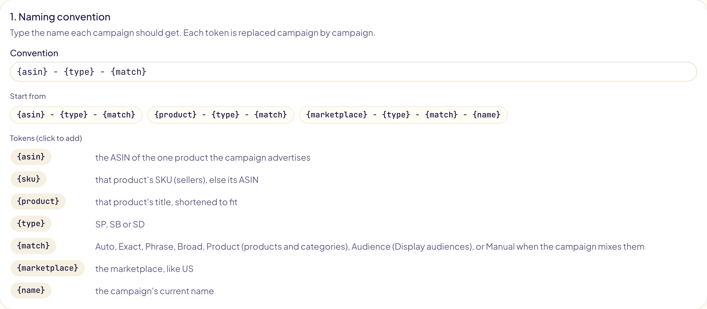 The naming convention: the ASIN, the ad type and the match type separated by dashes, three examples to start from, and each token with what it becomes