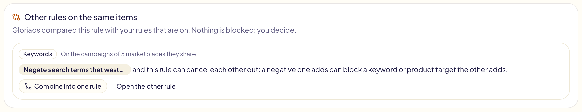 The warning on a rule's page: Keywords, on the campaigns of 5 marketplaces they share, « Negate search terms that waste money » and this rule can cancel each other out, with Combine into one rule and Open the other rule