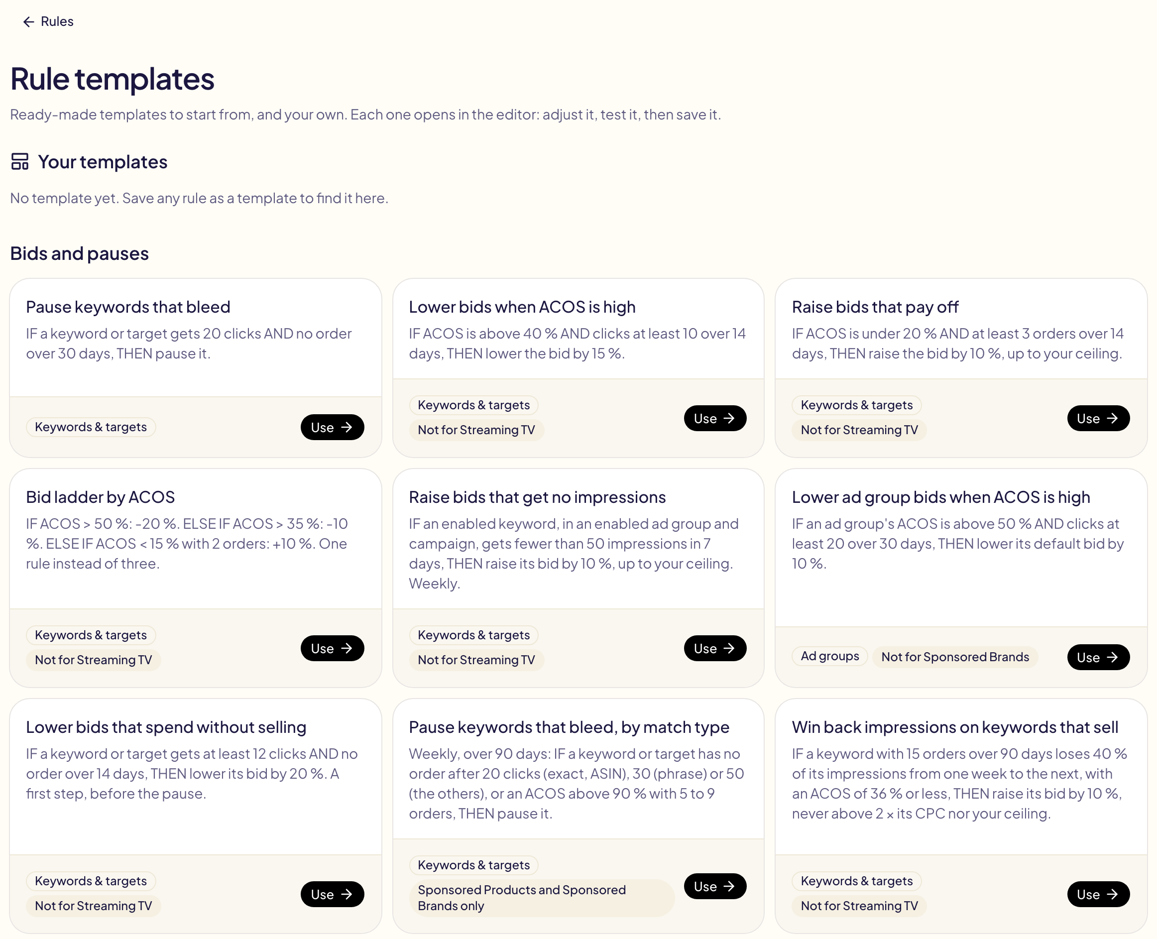 Rule templates: your templates, then ready-made rules for bids and pauses, each with its level, « Not for Streaming TV » on the target bid ones, « Not for Sponsored Brands » on the ad group one, and a Use button