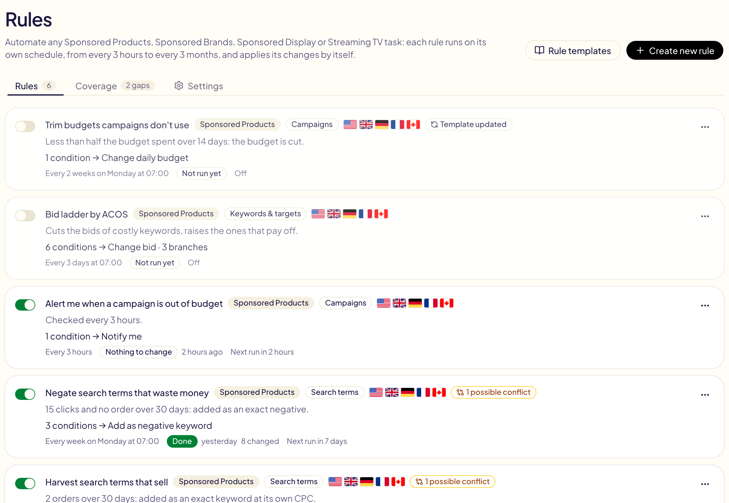 The Rules page: Rule templates and Create new rule at the top right, the tabs Rules (6), Coverage (2 gaps) and Settings, and the rules, each with its on/off switch, what it does, its schedule, its last and next run; two of them marked « 1 possible conflict »