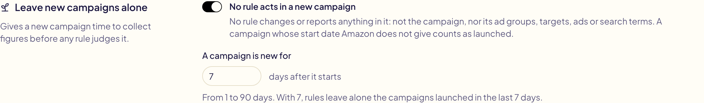 Leave new campaigns alone in the Settings tab of the Rules page: the switch No rule acts in a new campaign turned on, and A campaign is new for 7 days after it starts