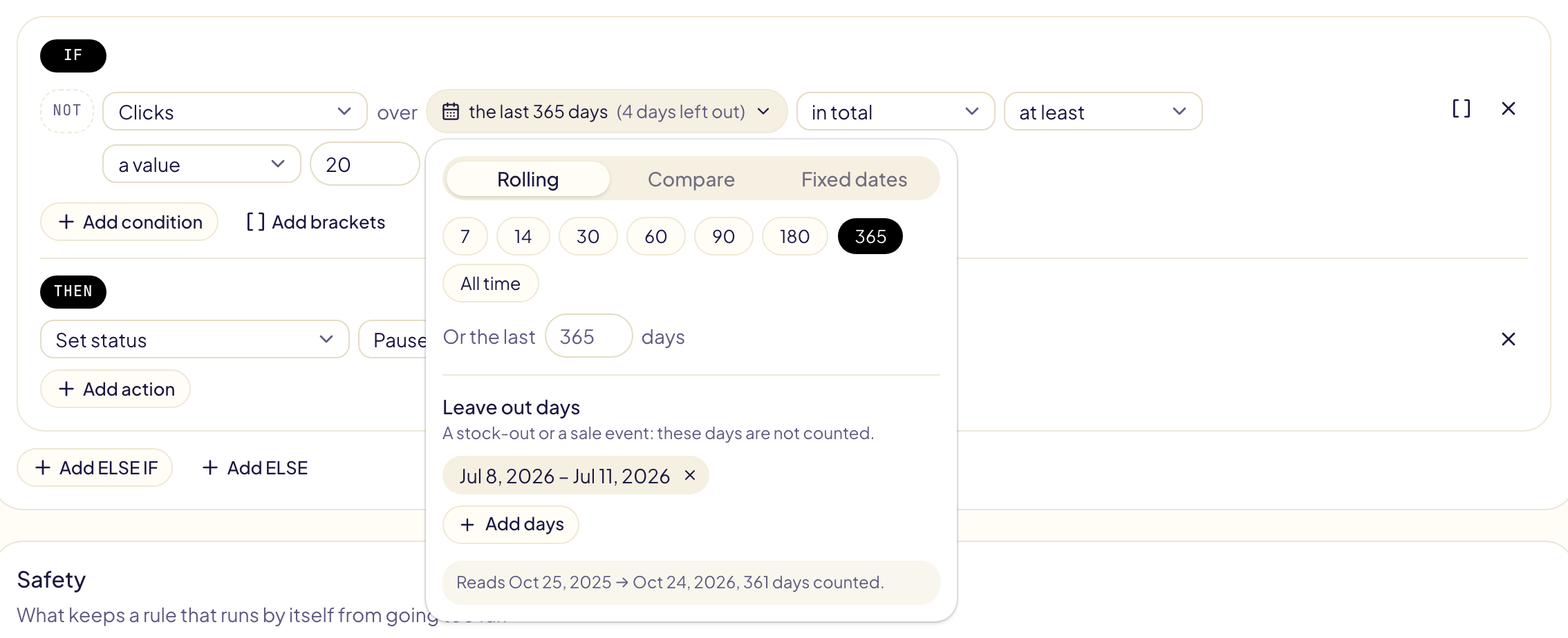 The period panel of a condition: clicks over the last 365 days, with 8 to 11 July 2026 left out; the tabs Rolling, Compare and Fixed dates, the buttons 7 to 365 and All time, and the line « Reads Oct 25, 2025 → Oct 24, 2026, 361 days counted »