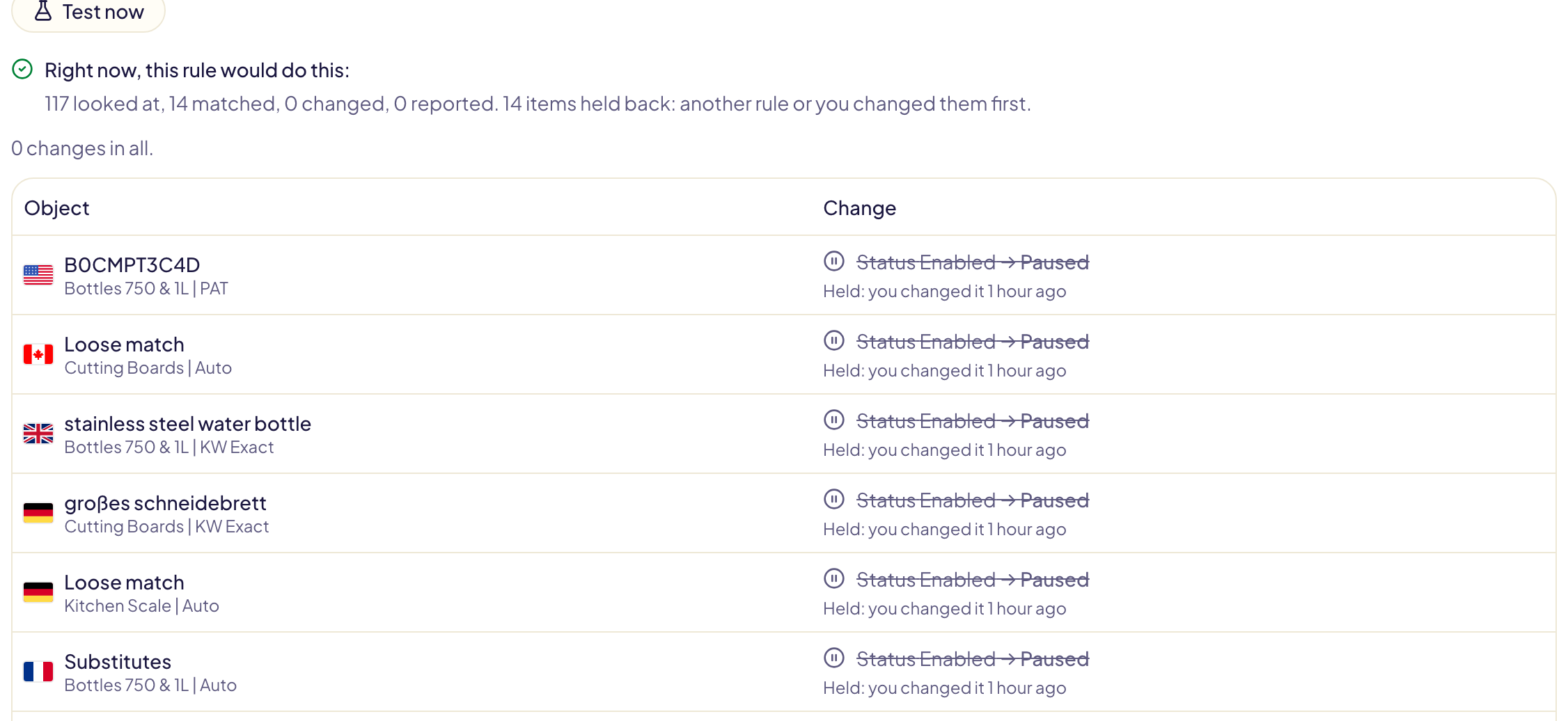A test whose changes wait: 117 looked at, 14 matched, 0 changed, 14 items held back; each line struck through, with « Held: you changed it 1 hour ago »