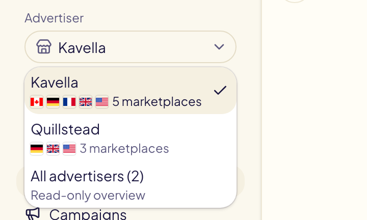 The Advertiser picker at the top of the sidebar: Kavella and Quillstead with their flags and number of marketplaces, then All advertisers, the read-only overview