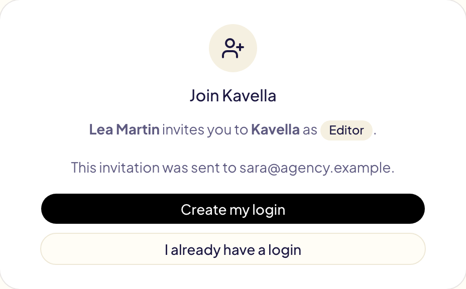 The invitation page: who invites, to which account and with which role, then the buttons to create a login or sign in