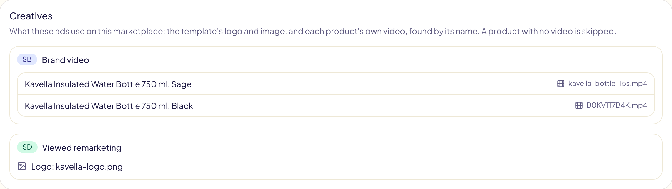The Creatives screen: each product's video found by its name for the Brands video, and the logo of the Display remarketing campaign
