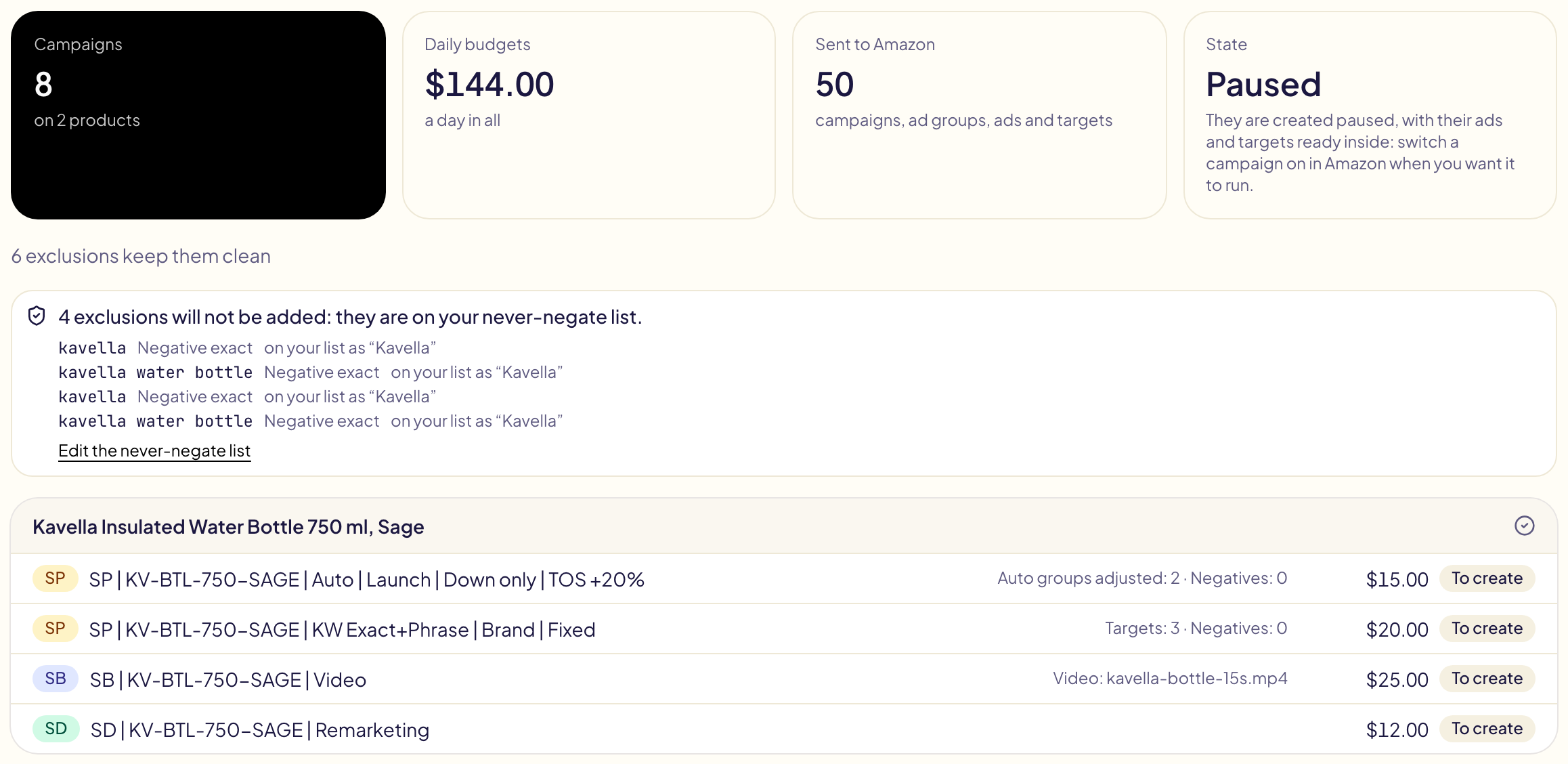 The preview of a launch: 8 campaigns on 2 products, 144 dollars a day in all, 50 items sent to Amazon, then each product's four campaigns with their budget