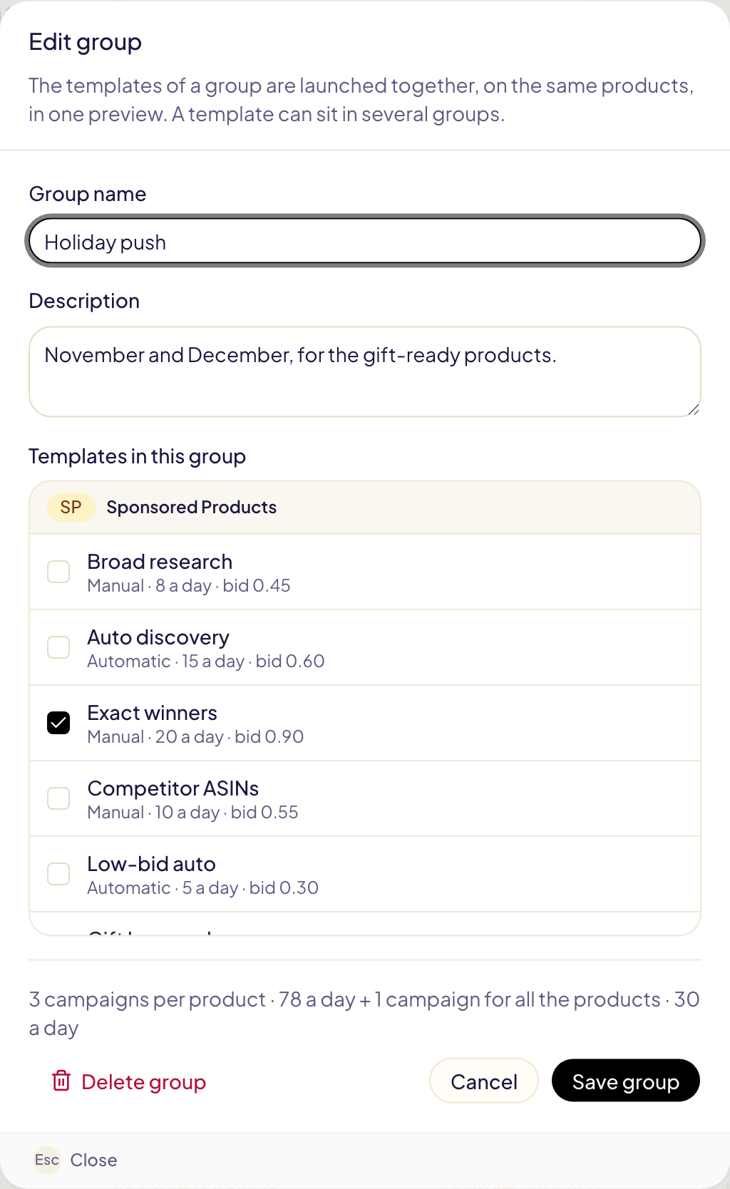The Edit group window: the Holiday push name and description, the templates ticked by type, and 3 campaigns per product plus 1 for all the products at the bottom