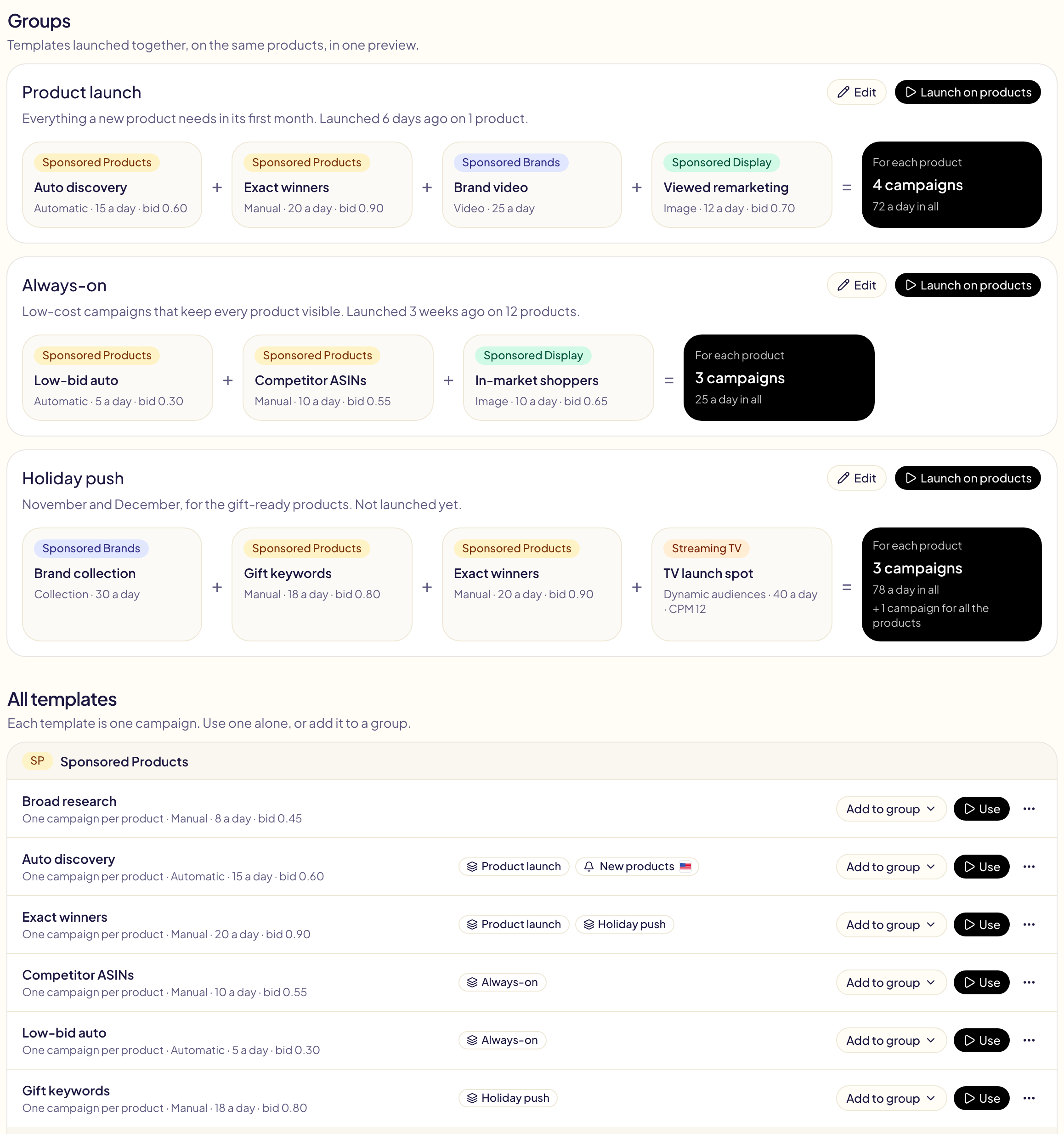 The templates page: the Product launch, Always-on and Holiday push groups, each written as a sum of its templates with the campaigns it makes for each product, then every template by type