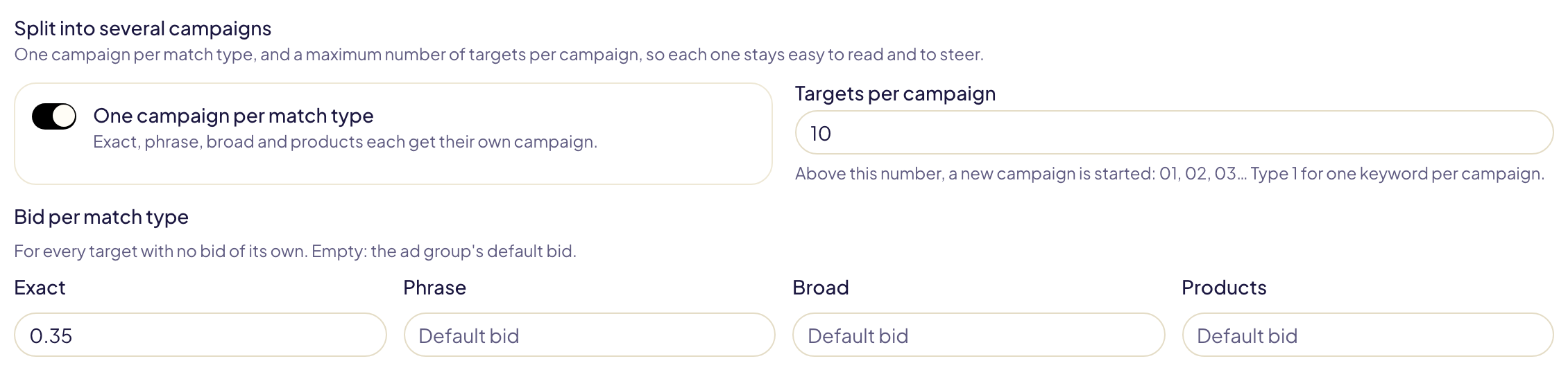 A manual campaign of a template split by match type, 10 targets per campaign, with a bid for exact and a default bid for phrase, broad and products