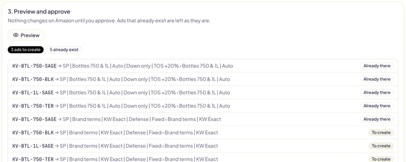 A Gloriads toolkit preview: the ads to create in each ad group, before anything is sent to Amazon