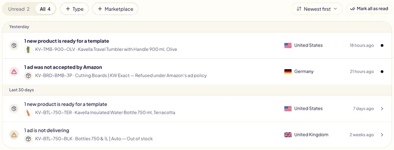 Gloriads notifications: new products ready for a template, and ads not accepted or not delivering