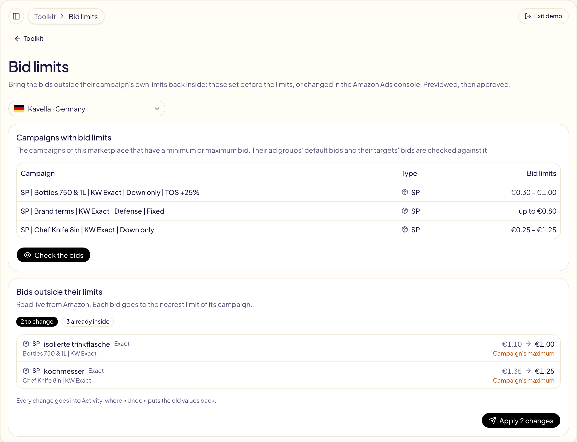 Bid limits in the Toolkit: three campaigns of Germany with bid limits, then two bids outside them, €1.10 to €1.00 and €1.35 to €1.25 at their campaign's maximum, with Apply 2 changes