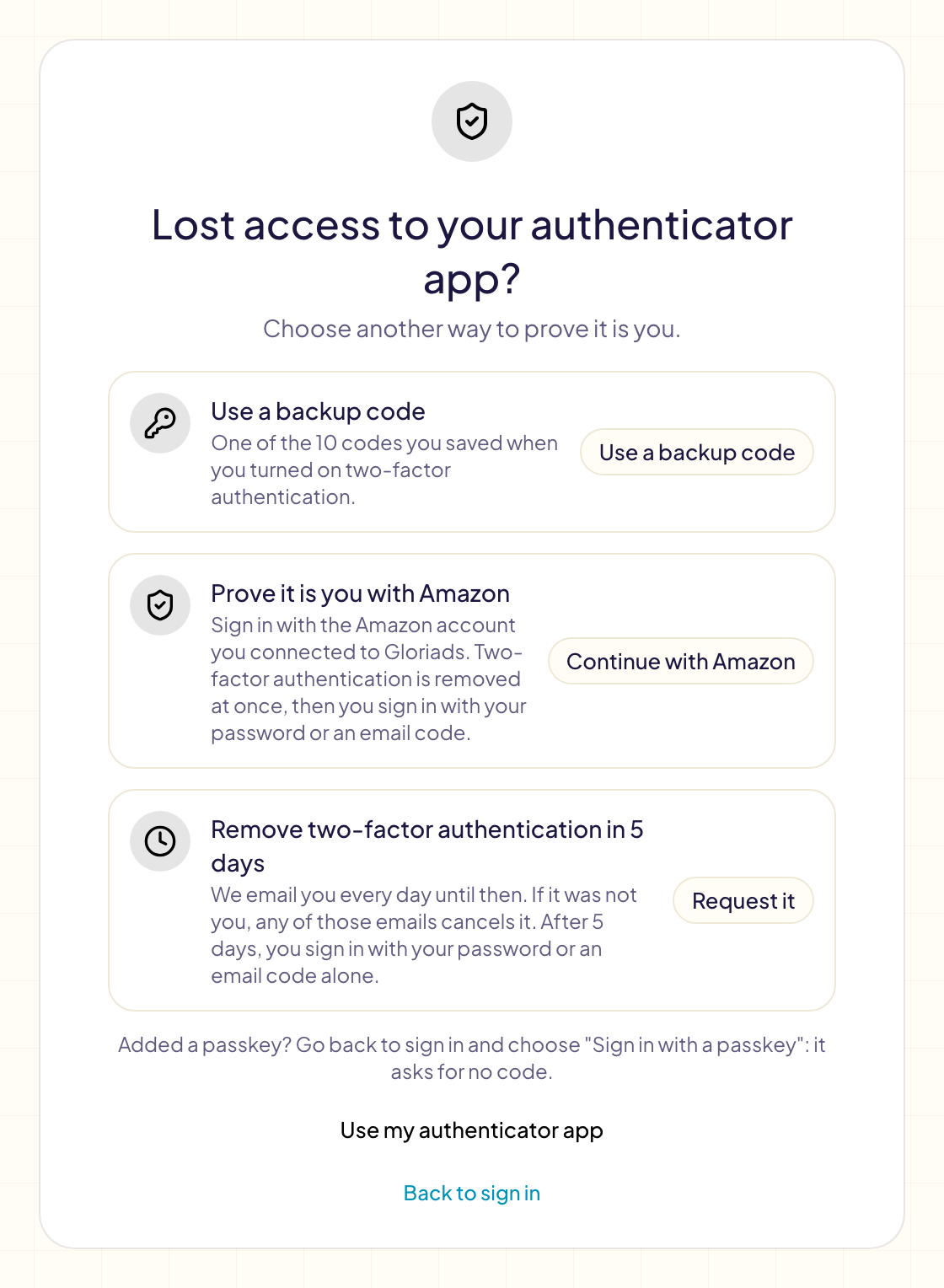 The Lost access to your authenticator app screen: use a backup code, prove it is you with Amazon, or remove two-factor authentication in 5 days